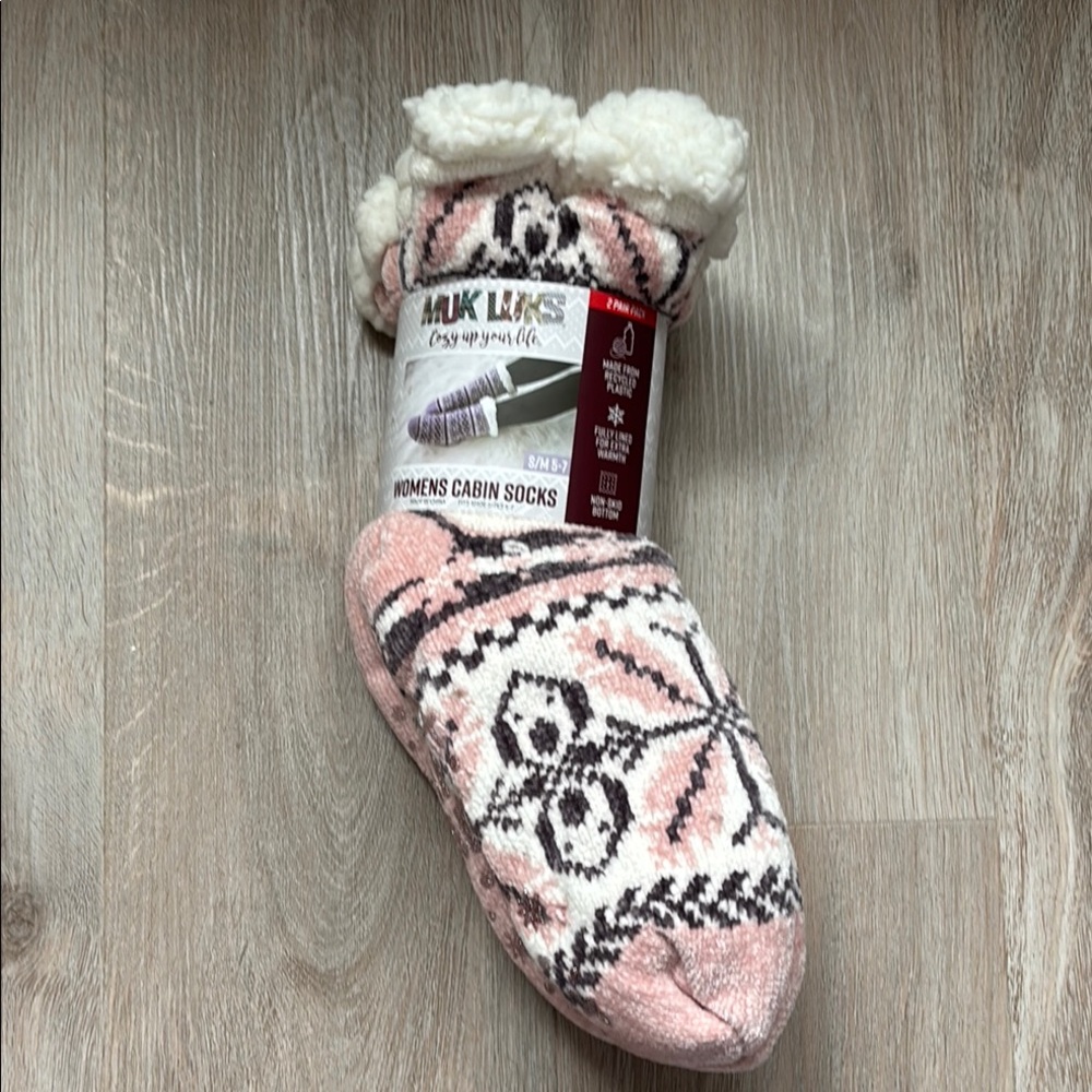 Muk Luks Women's Cabin Socks - Pink and White - 2 pairs - size s/m 5-7 -